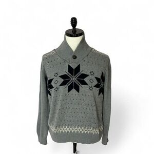 Weatherproof‎ Vintage Sweater Mens L Gray Snowflake Shawl Button Neck Pullover